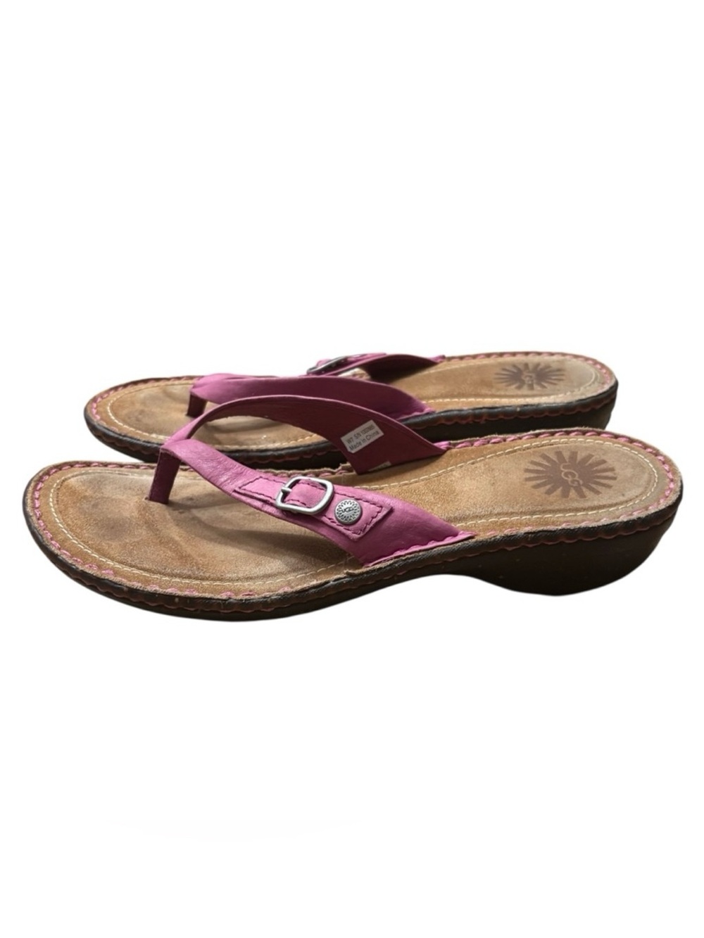 Ugg Women’s Pink Leather Thong Sandals with Buckle Accent